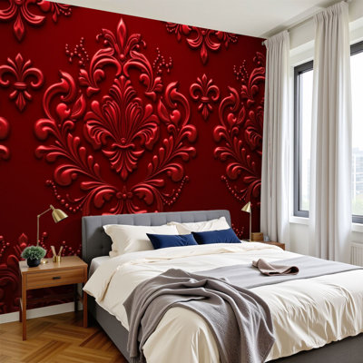 Papier peint adhésif rétro en damas rétro à motif floral damassé rouge H 100 po x l 144 po, papier peint amovible en PVC autocollant pour chambre à coucher, bureau à domicile