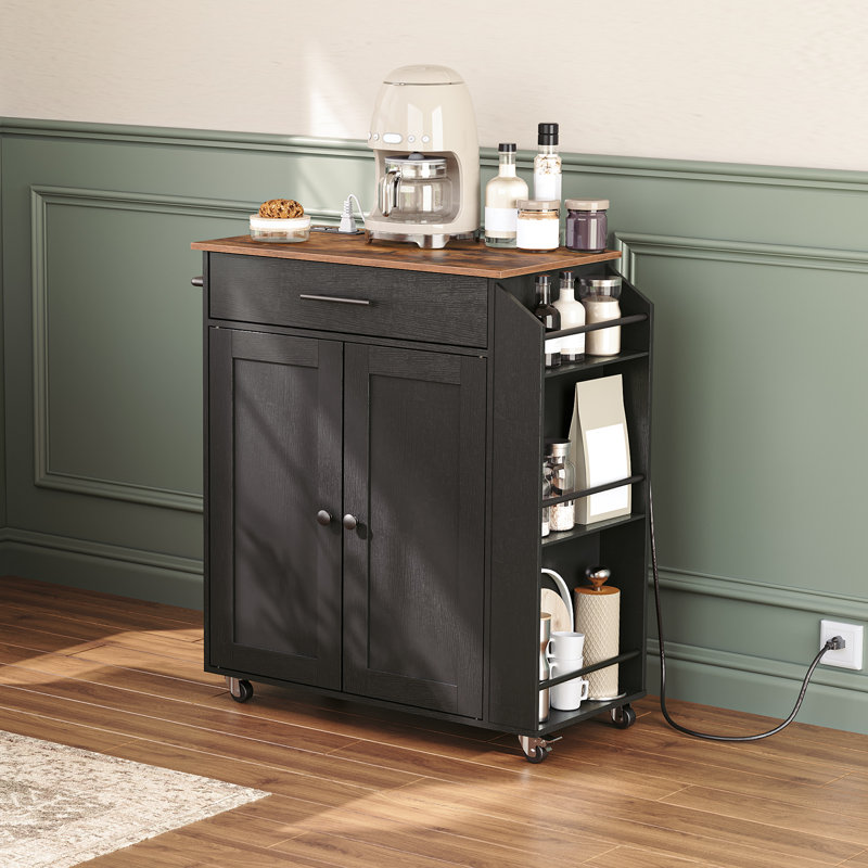 Aquisha 33.8" Rolling Kitchen Island with Power Outlet, Black/Brown