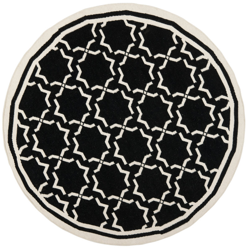 Rodgers Hand Woven Flat Weave Wool/Cotton Geometric Rug in Black/Ivory, Round 6'