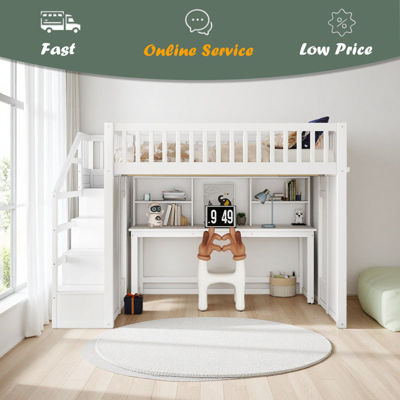 Lit mezzanine avec bureau mobile et tablette de rangement, avec escalier de rangement, Lit double, Blanc