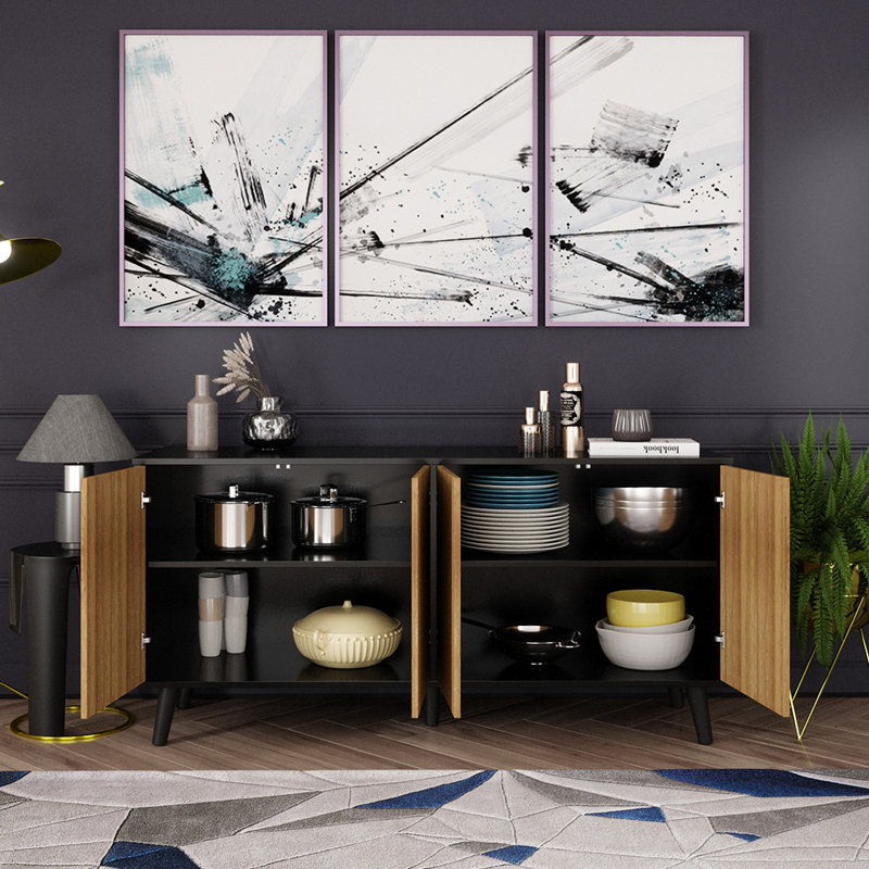 Buffet avec rangement Caplinger, armoires de rangement 55 po avec 4 portes, Noir/noyer