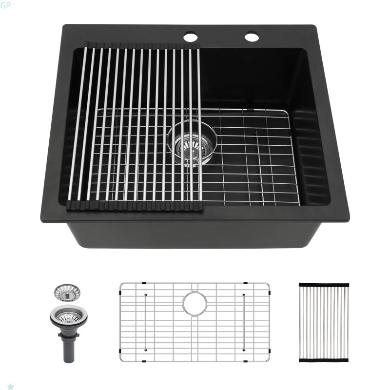 Quartz Kitchen Sink - 25X22" Black Granite Composite Drop In Kitchen Sink