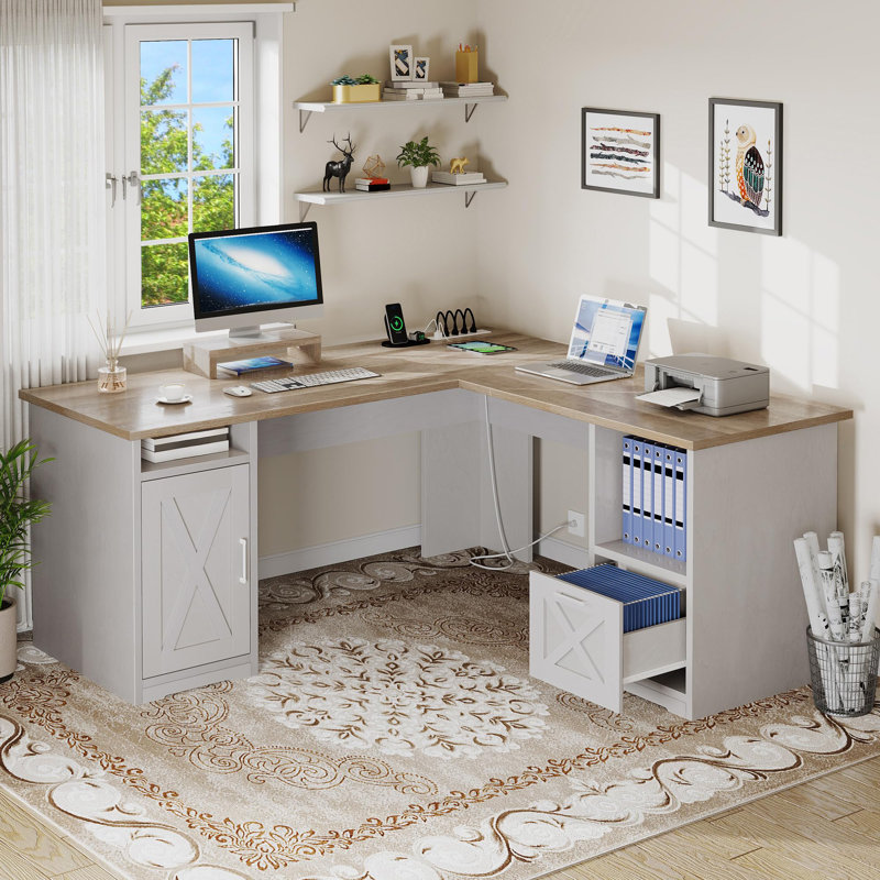 60 Inch Computer Desk Corner Desk with File Drawer, As picture/ Grey Wash