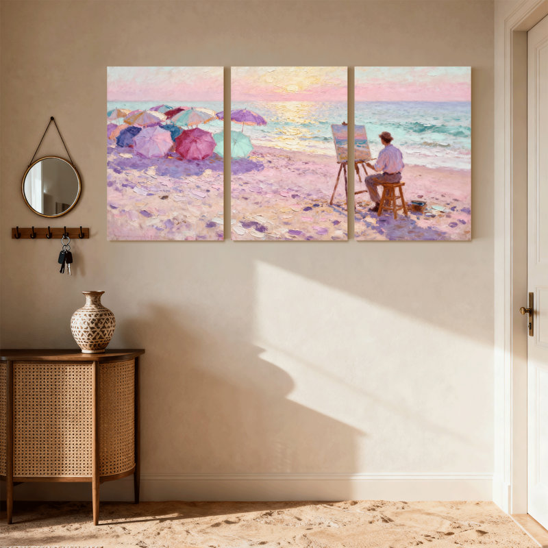 beach Beach Painter Under Colourful Umbrellas Sunset Scene Set of 3 Canvas Wall Art Prints, 18" H x 36" W