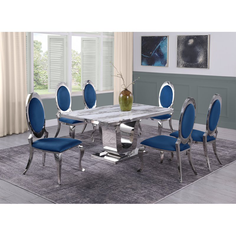Ensemble de salle à manger Hardnett Dellbrook, Blanc/ grège, 7, Bleu / Argent