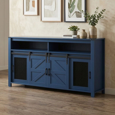 Sideboard Buffet Cabinet with Sliding Barn Doors, Iron Mesh Panels, Open Storage Cubbies, and Spacious Display Top