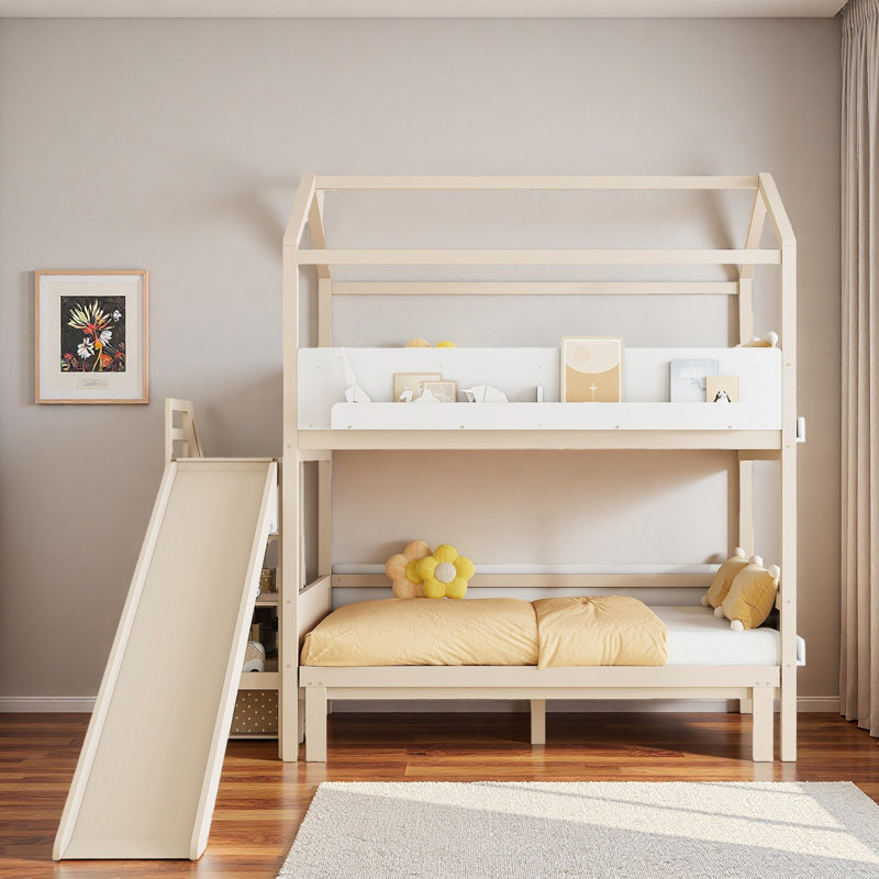Lit superposé en forme de maison avec escalier de rangement, tablettes de présentation et glissade, Beige