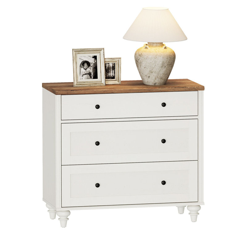 Scarlett End Table For Bedroom With 3 Drawers, Mid Century Modern Wooden Closet Storage Organizer, Brown Top/White Base, 1