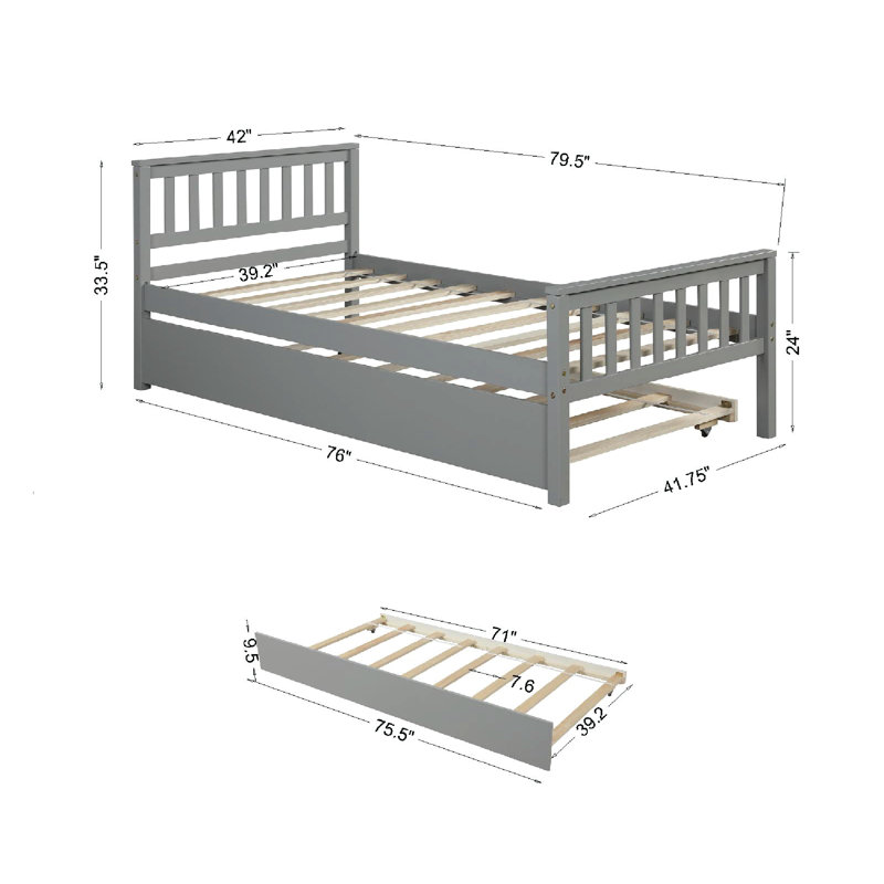 Solid Pine Bed Frame with Trundle, Platform Bed with Headboard and Footboard, No Box Spring Needed, Grey, Twin, Gray