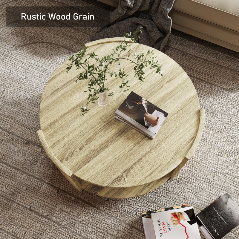 Light Brown Round Wood Coffee Table with 2-Tier Storage