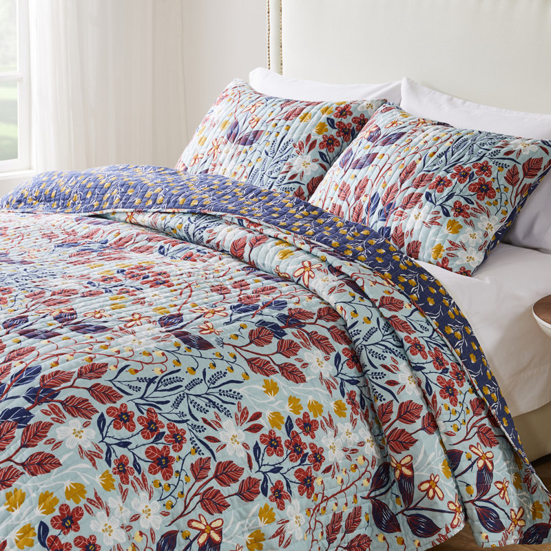 Slate Blue Floral Reversible Microfiber Full Quilt Set