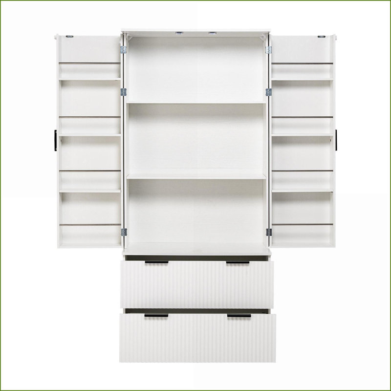 Armoire de cuisine | Organisateur de rangement 72 po blanc cannelé moderne avec 2 grands tiroirs Étagères à épices 8 portes | Panneau de fibres à densité moyenne | Tiroirs inclus