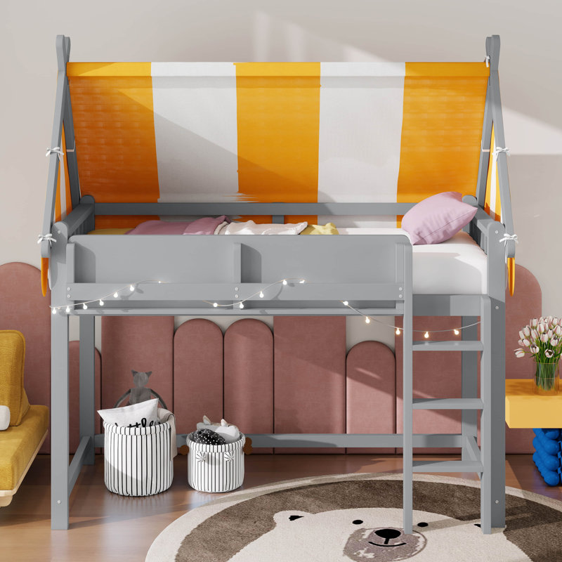 Twin Size Loft Bed With Canopy, Wood Loft Bed Frame With LED Lights & Front Display Bookshelf For Kids, Gray, Twin
