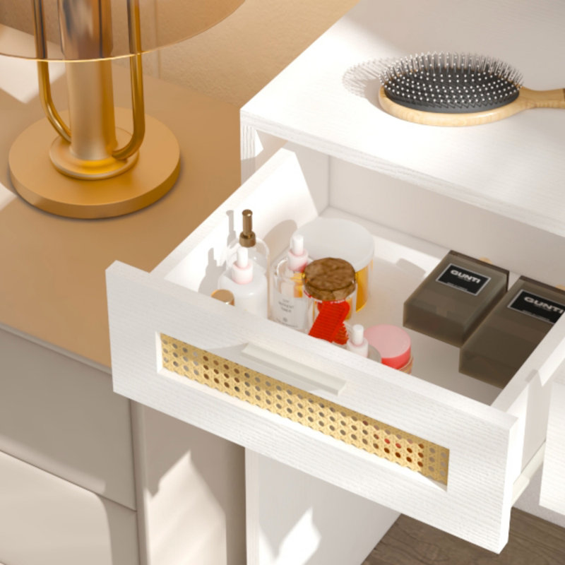 Makeup Vanity With Lights In 3 Colors & Openable Mirror, Vanity Desk With 4 Drawers & 1 Cabinets & Shelves, Vanity Table Rattan Vanity Dresser