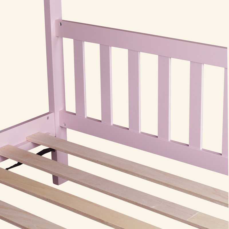 House Bed With Headboard And Footboard, Twin Rubber Wood Bed With House Frame, Pink