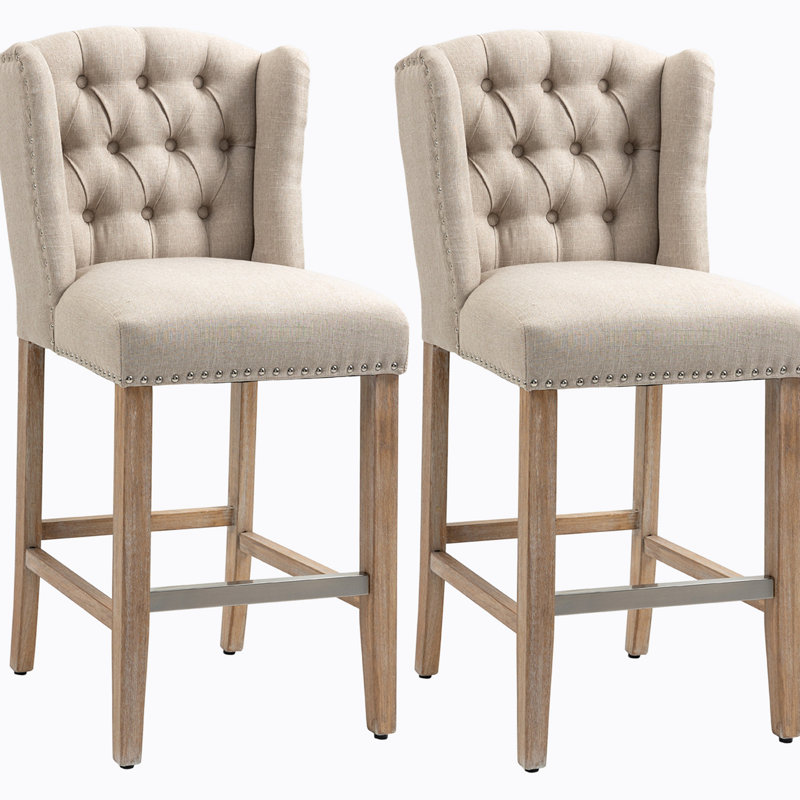 Gray Linen Counter Height Bar Stools with Wood Legs, Set of 2