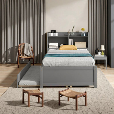 Elegant Twin Bed with Trundle & Bookcase Storage - Grey Pine Wood