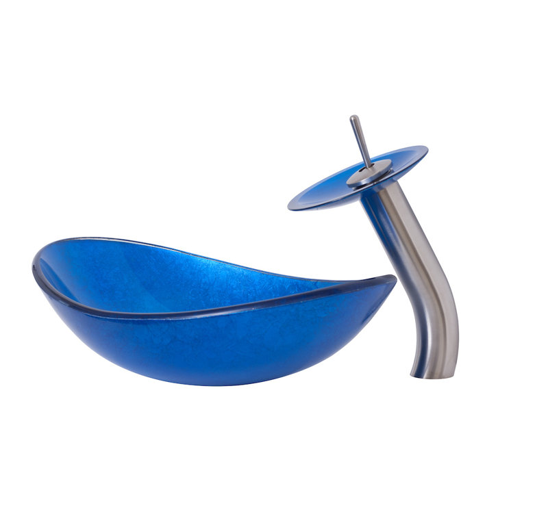 Lavabo de salle de bain ovale en verre avec robinet azzurro, Nickel brossé