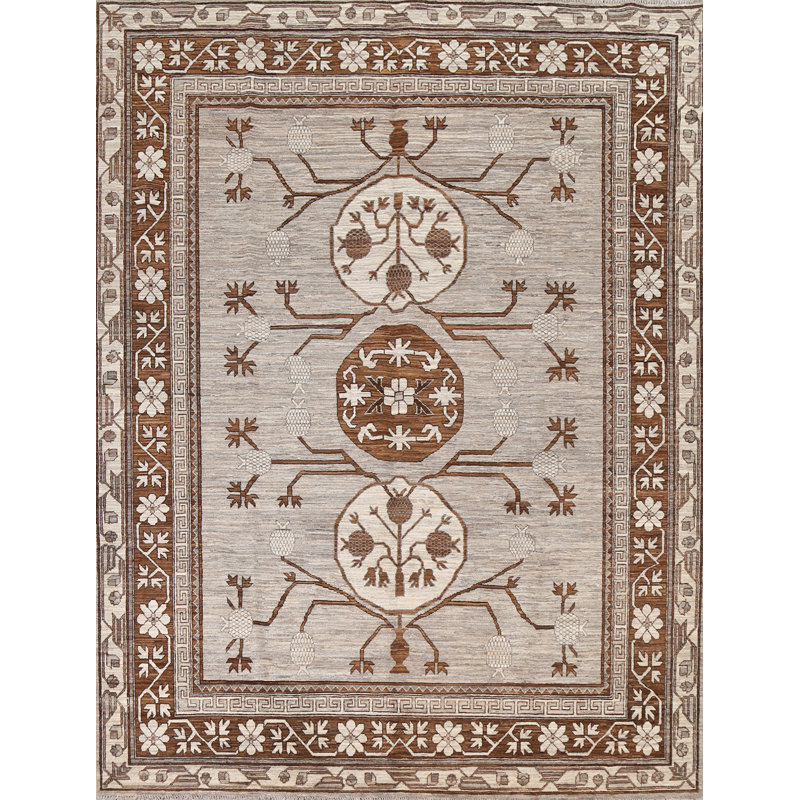 Tapis gris en laine noué à la main de conception unique 8 pi 4 po x 9 pi 9 po
