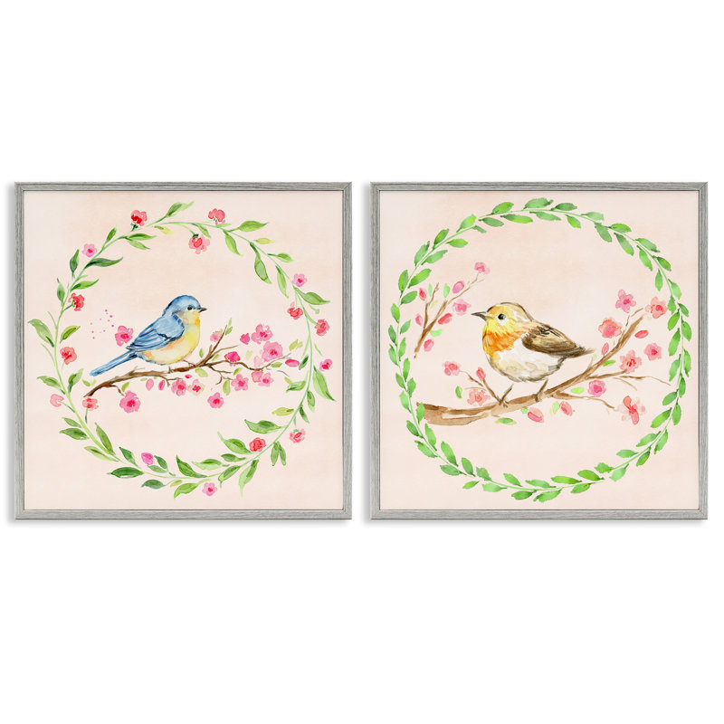 Ensemble de 2 giclées encadrées Spring Branches & Wreath Birds, par Elena Fay, Estampe numérique Farmhouse, H 17 po x l 17 po