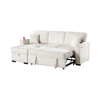 Beige Corduroy Reversible Chaise Sectional With Storage, Convenient Pull Out Bed And Pillows Contemporary Chaise, Luring Storage