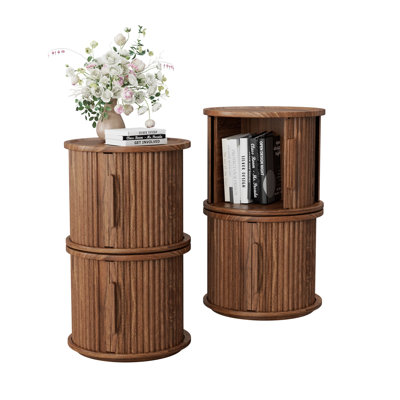 4Piece Round Coffee Table Set, Modern Nesting Side Tables with Sliding Door Storage, Walnut Finish Sofa End Table & Bedside Nightstand for Living Room & Bedroom, Fluted Roman Column Design Accent Tab