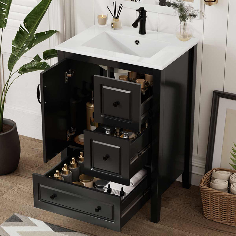 Meuble-lavabo autoportant moderne de 24 pouces avec porte à fermeture douce et 3 tiroirs, Noir