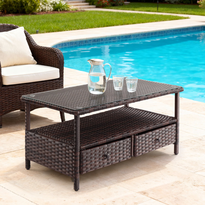 Elegant Brown Wicker Side Table With Double Shelves And Two Drawers
