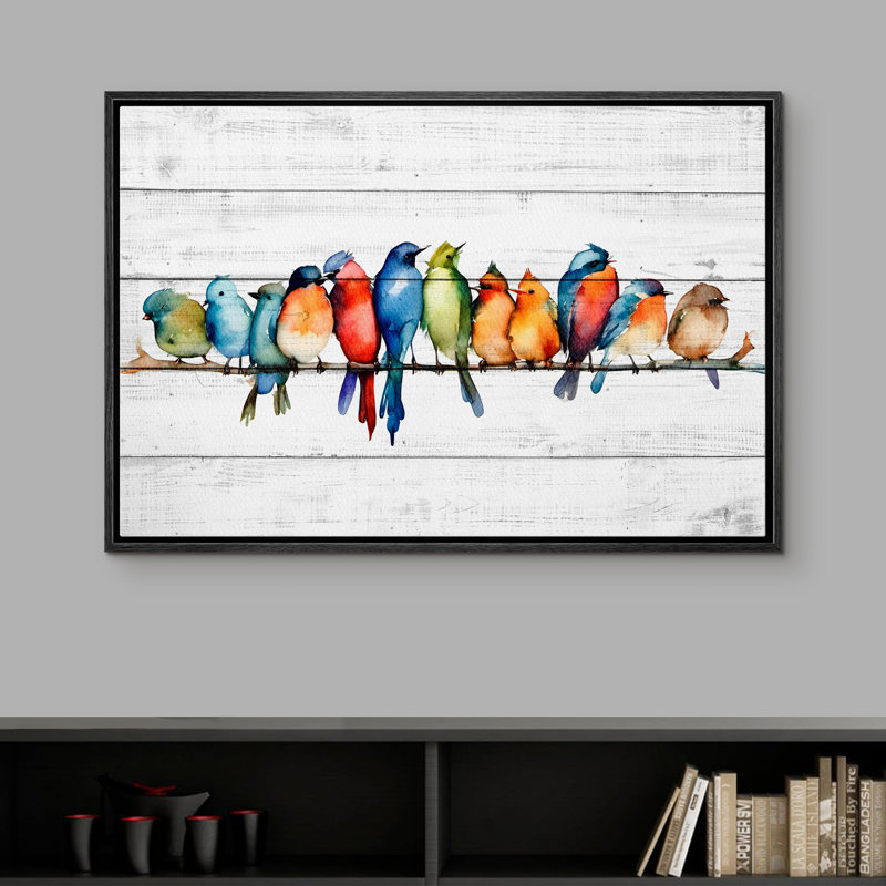 " Watercolor Row Of Birds On A Wire Canvas Print Colorful And Whimsical Bird ", 24" H x 36" W, Black