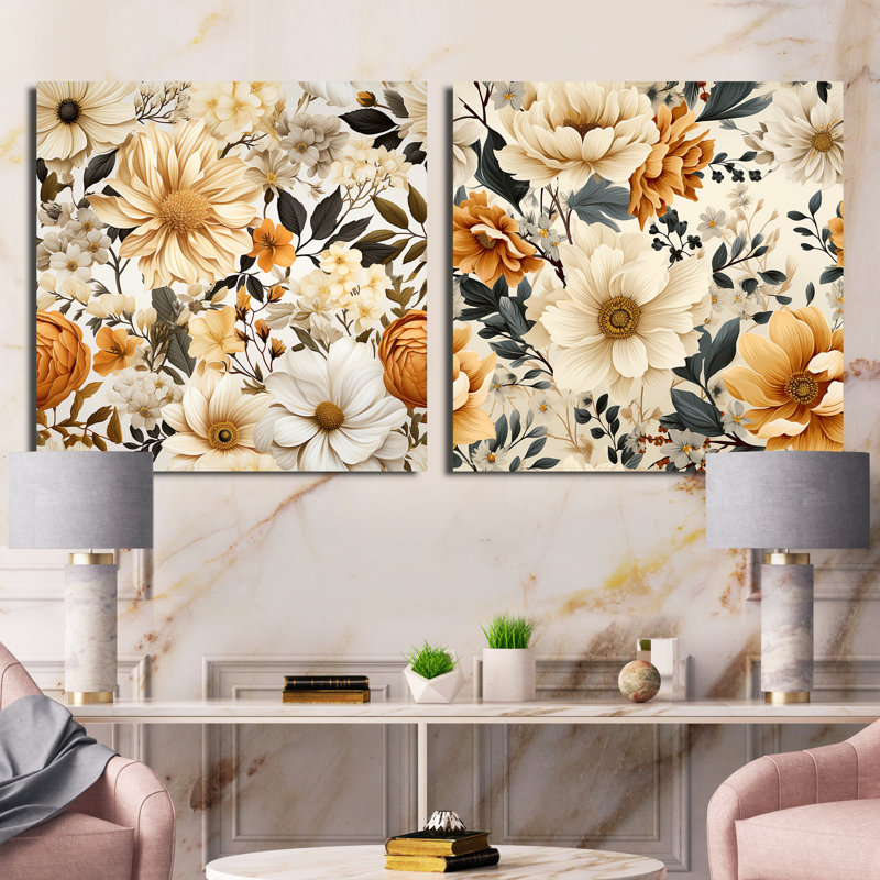 Marseille - ensemble de 2 collages carrés floraux, H 16 po x l 33 po, Toile tendue