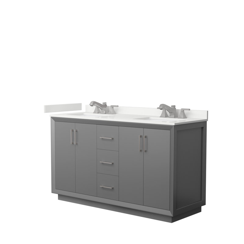Meuble-lavabo double autoportant 60 po avec plateau en quartz Strada, Gris foncé, WDX13302, Nickel brossé