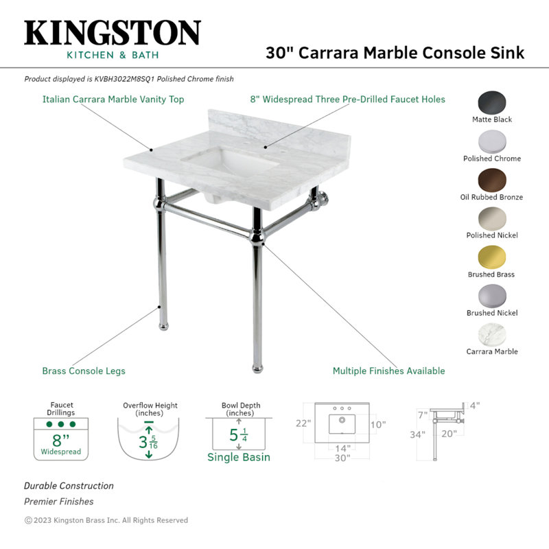 Kingston Brass Templeton 30-Inch Carrara Marble Console Sink with Brass Legs (8-Inch, 3-Hole), White/Matte Black