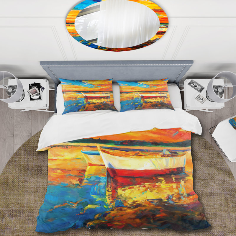 Bateaux blancs et rouges près de la jetée à un coucher de soleil vibrant - ensemble de housse de couette nautique - microfibre de polyester