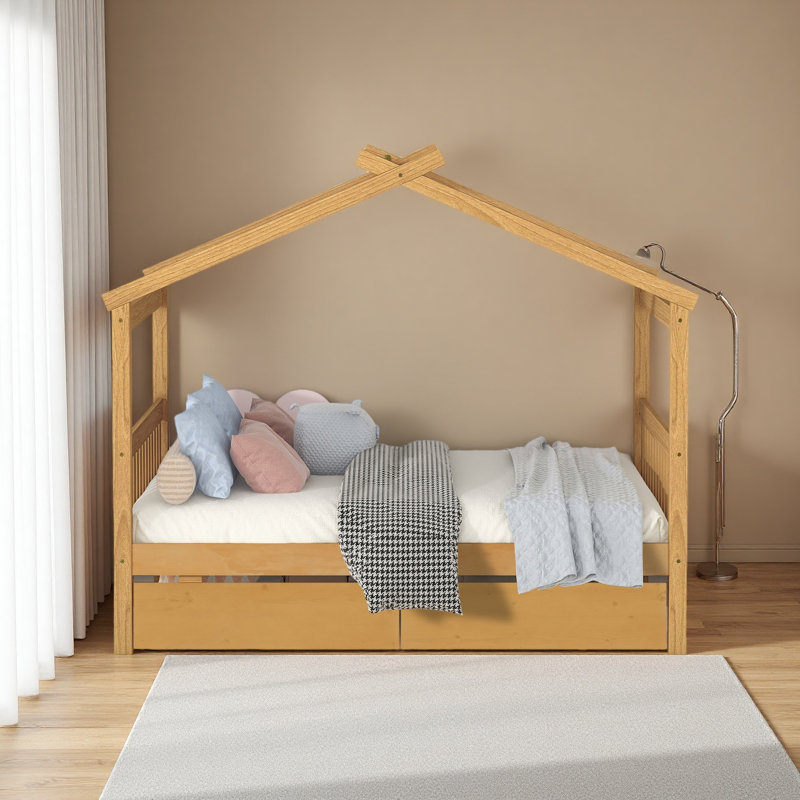 Wooden House Bed With Drawers, Full