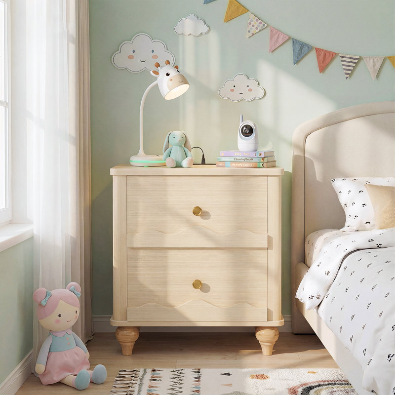  Scalloped Nightstand with Wooden Drawers and Charging Station, Nature