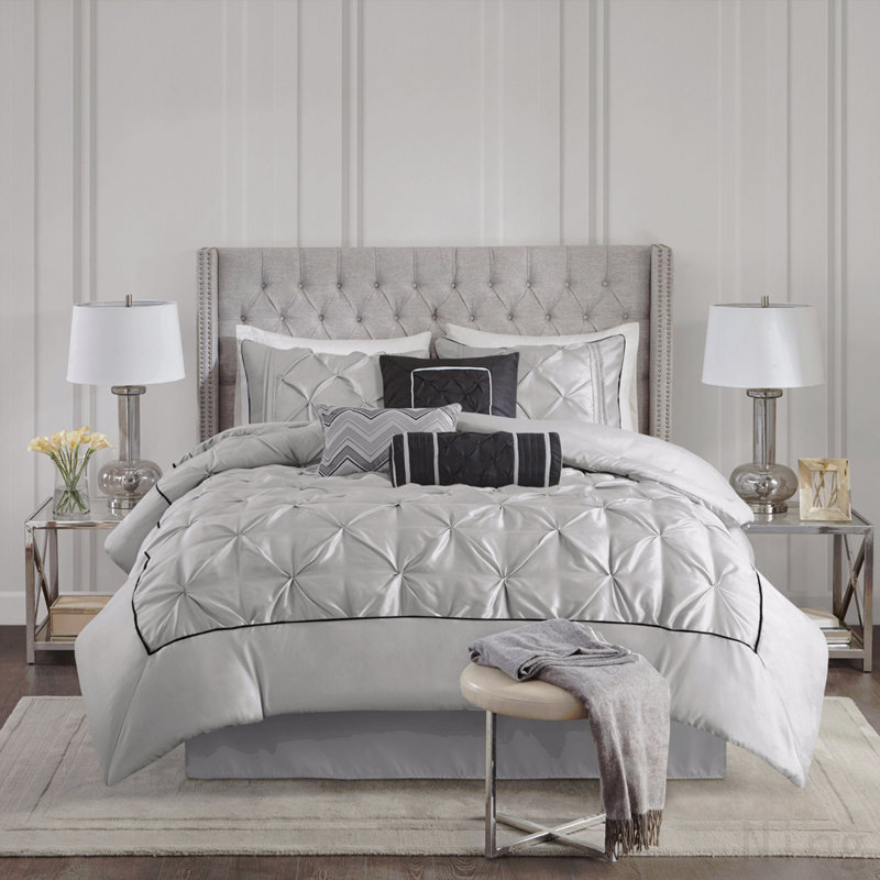 Ensemble d'édredon touffeté 7 pièces grand gris, Gris, Édredon de grande taille et 6 pièces supplément