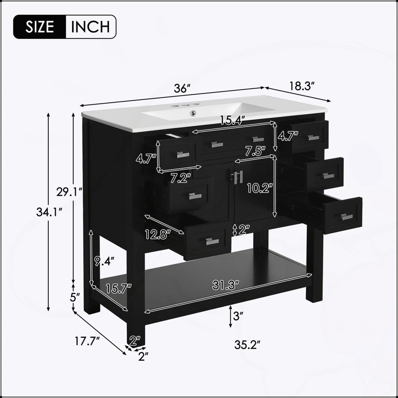 Meuble-lavabo moderne de 36 po avec lavabo supérieur, rangement spacieux et portes à fermeture douce pour un design élégant et fonctionnel
