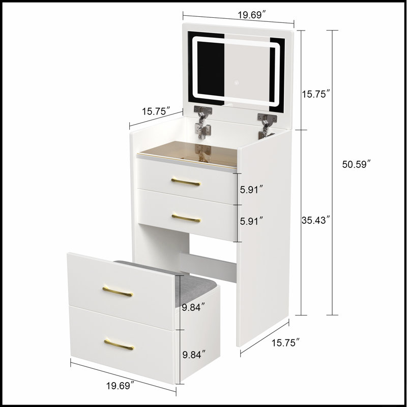 Meuble-lavabo 3 en 1 avec miroir ouvert et bureau en verre, meuble-lavabo compact avec 3 tiroirs pour les petits espaces