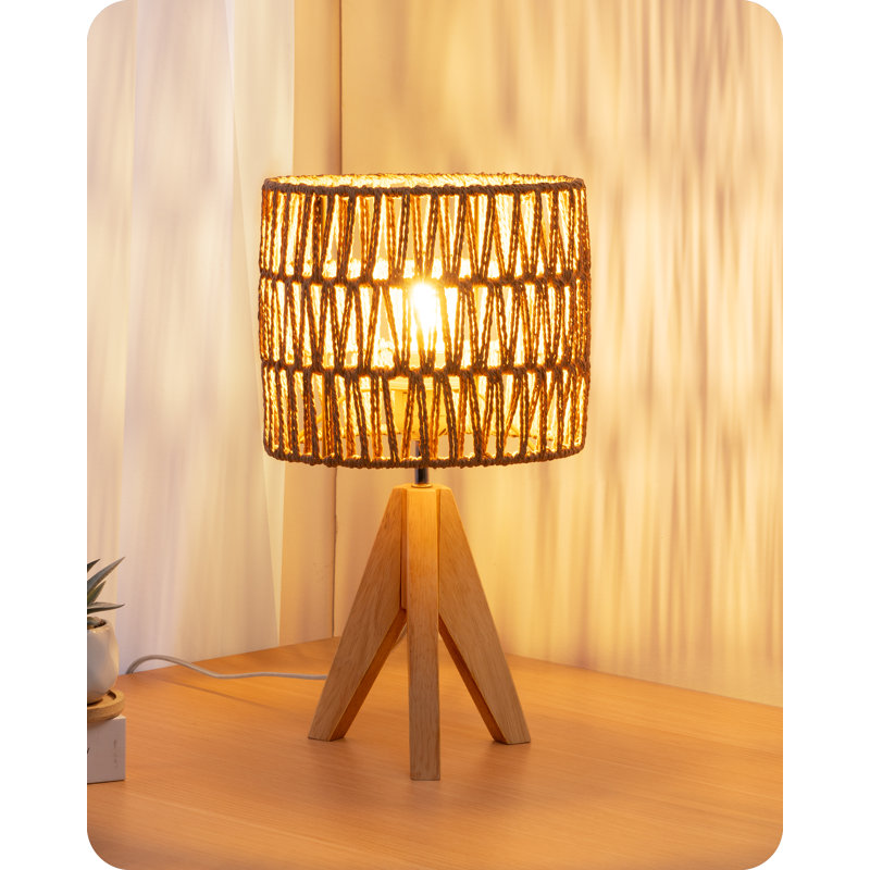 36cm Solid Wood Tripod Lamp With Rope-Woven Lampshade (Bulb Included)