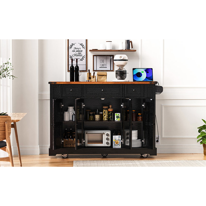 53'' Kitchen Island With Two Tempered Glass Doors, 5 Open Side , 3 Drawers, Rolling Cart Drop Leaf And Power Supply, Black For & Dining Storage Leaf, Area