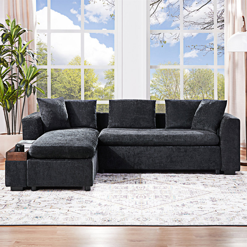 Upholstered Sectional Sofa With Storage Compartment, Black Chenille