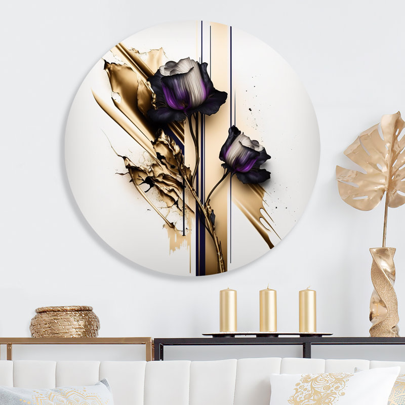 Fleur mauve sur fond abstrait, art mural rond sur métal, L 36 po x H 36 po