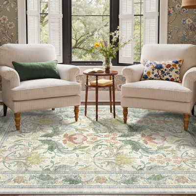 Bloom Floral Green/Beige Non-Slip Machine-Washable Area Rug