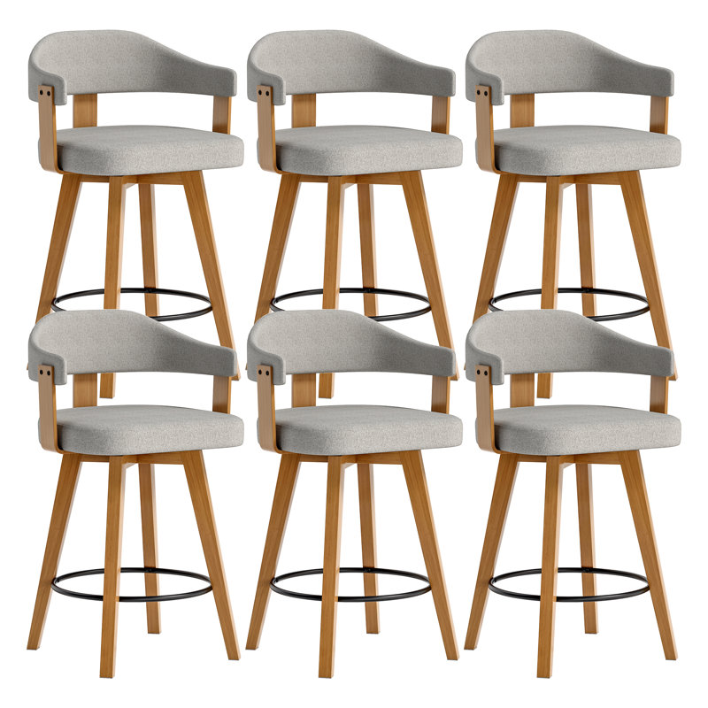 Swivel Upholstered Bar Stools 26" Counter Height, Beige Linen, 6, Dark Oak