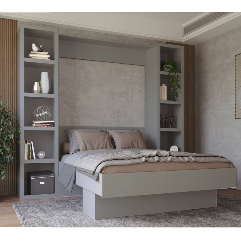 Lit escamotable Easy-Lift en grain de bois avec deux étagères, gris, Grand lit