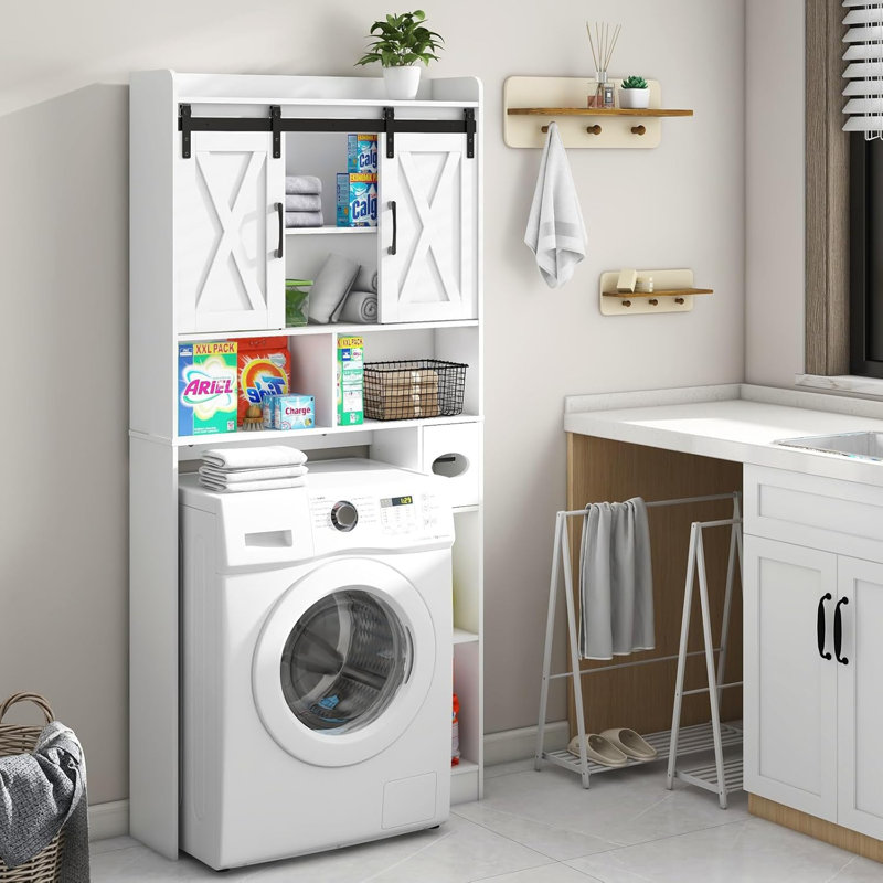 Farmhouse storage cabinet with sliding doors above toilet, home space saving toilet stand, white