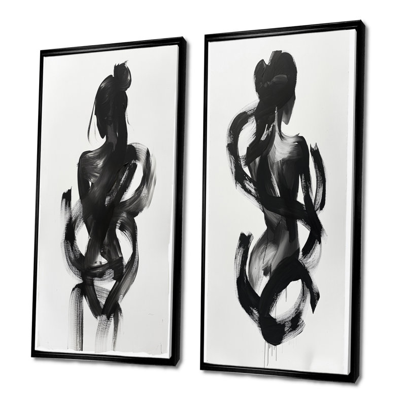 «And And Minimal Woman Silhouette I - Abstract Shapes», ensemble de 2 pièces d'art mural, Cadre flottant noir