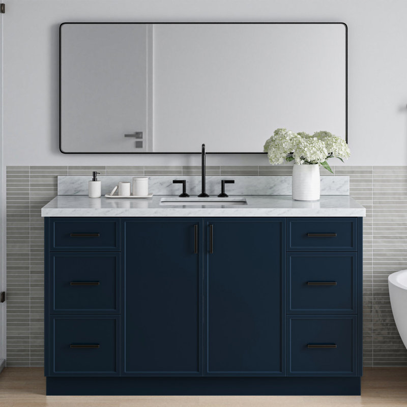 Meuble-lavabo simple 61 po avec plateau en marbre de Carrare italien ARIEL Kelly, Bleu minuit