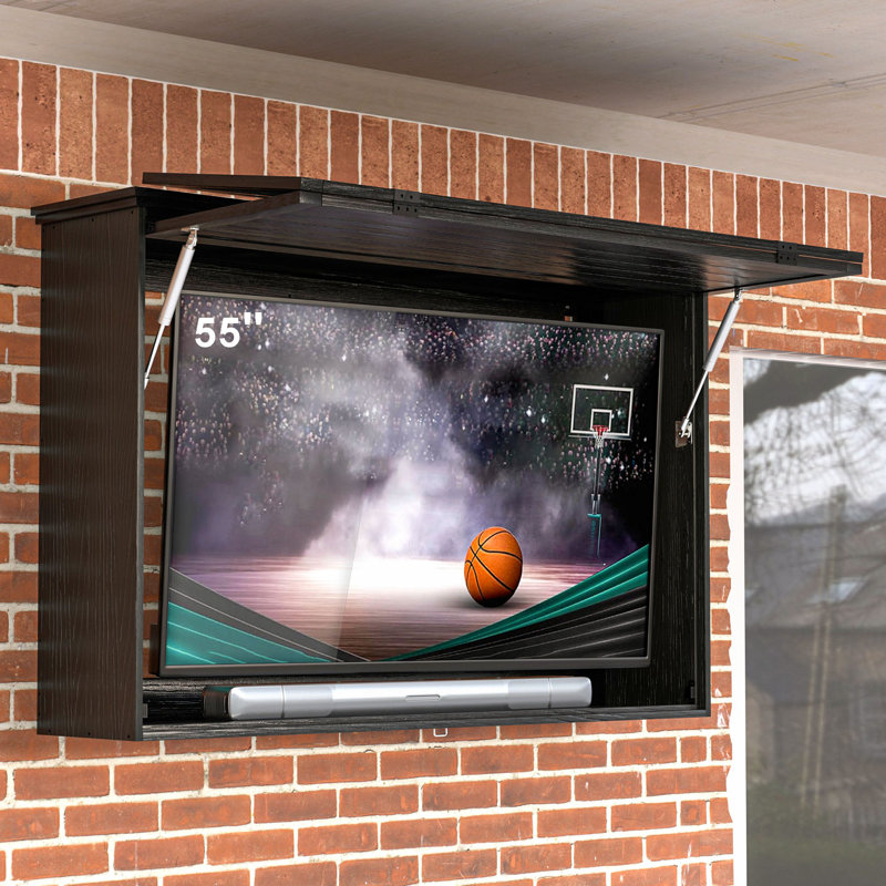 Outdoor TV Enclosure Solid Wood TV Cover 55 Inch Weatherproof with Premium Dual-Arm TV Mount