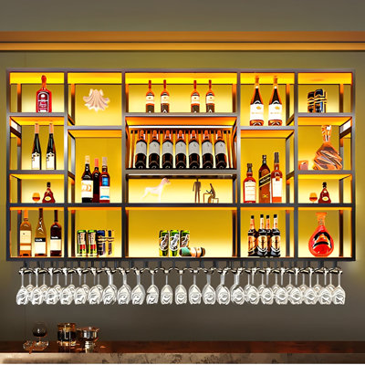 Black Multi-tier Wall Mounted Wine Bottle and Glass Holder（Without LED light）